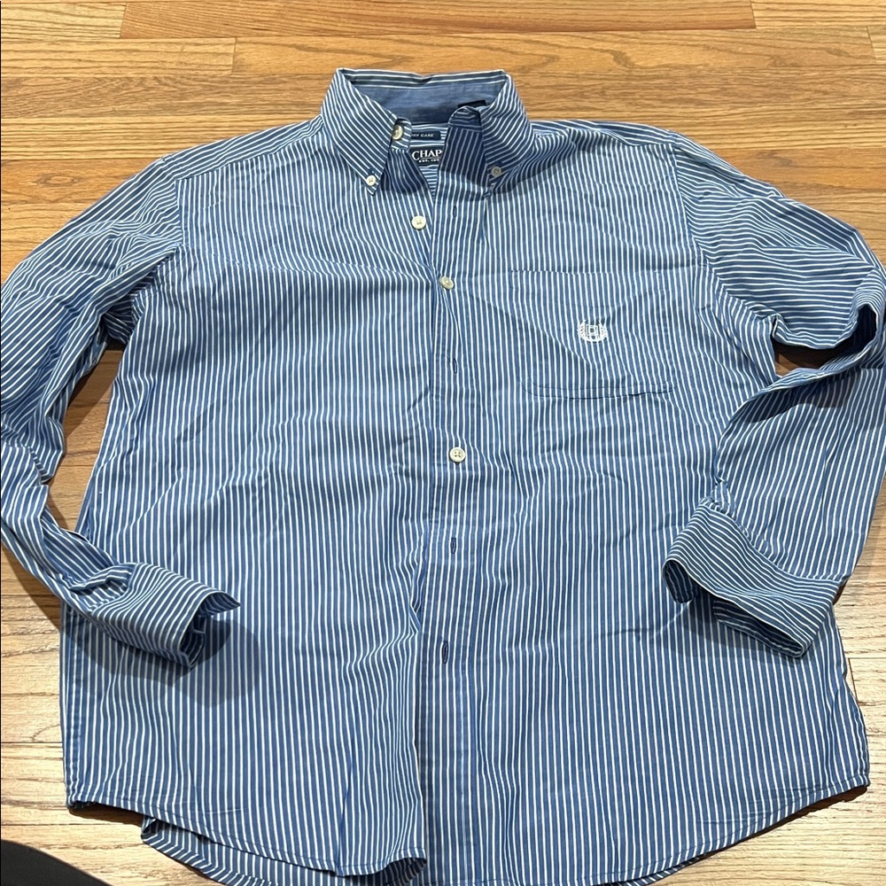 Chaps Blue and White Vertical Stripe Button-Down Shirt